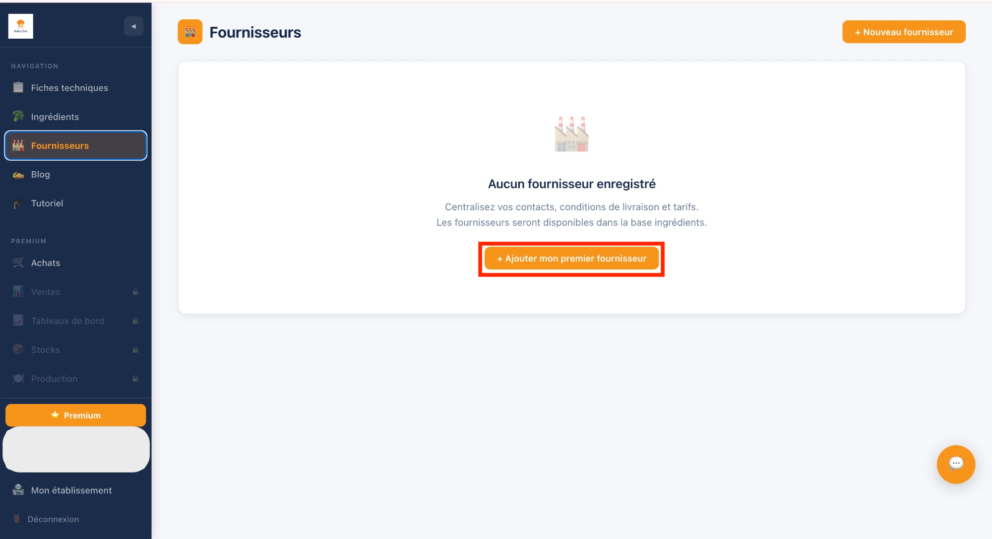 Page Fournisseurs avec le bouton + Nouveau fournisseur