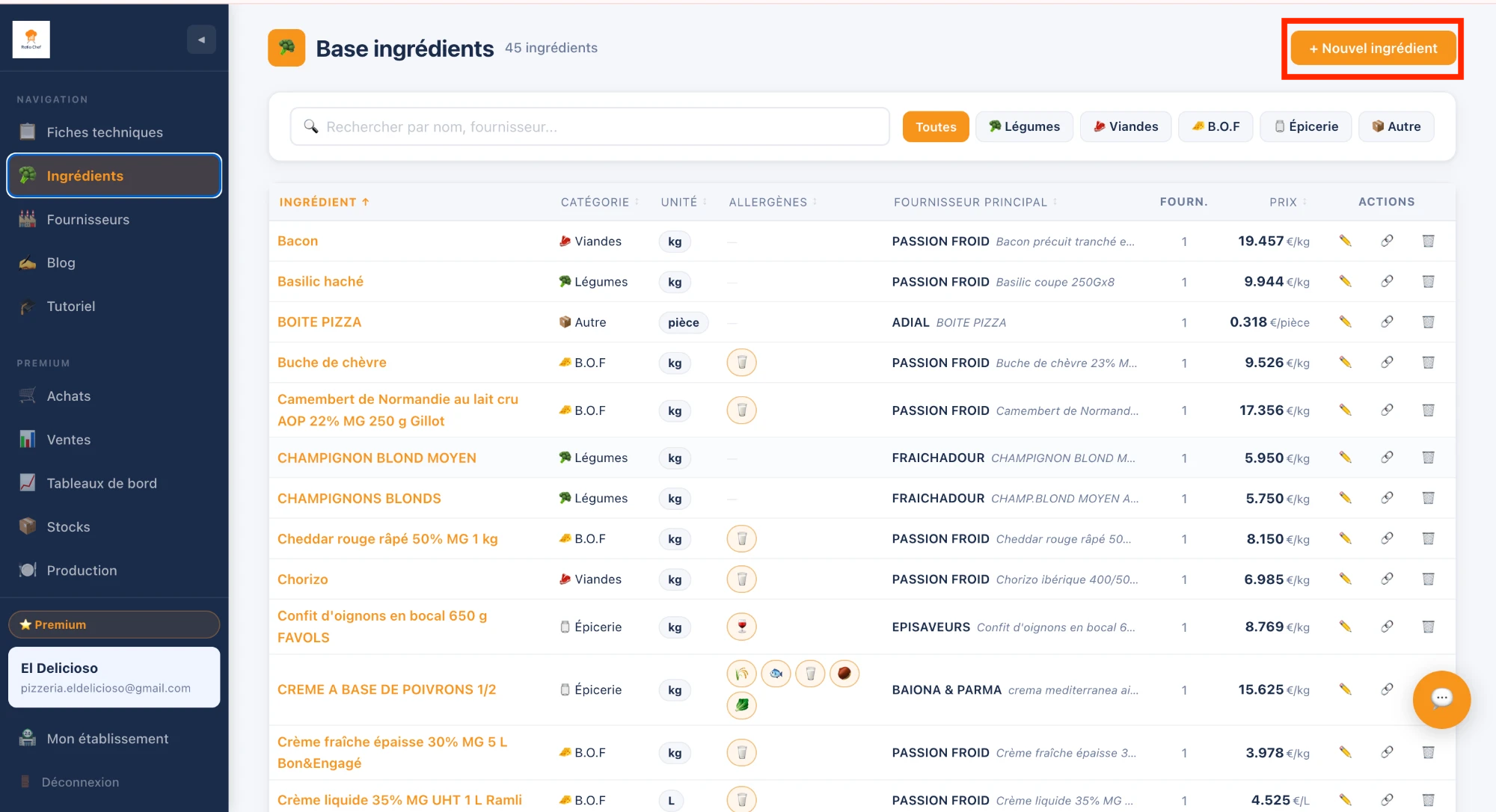 Page Base ingrédients avec le bouton + Nouvel ingrédient