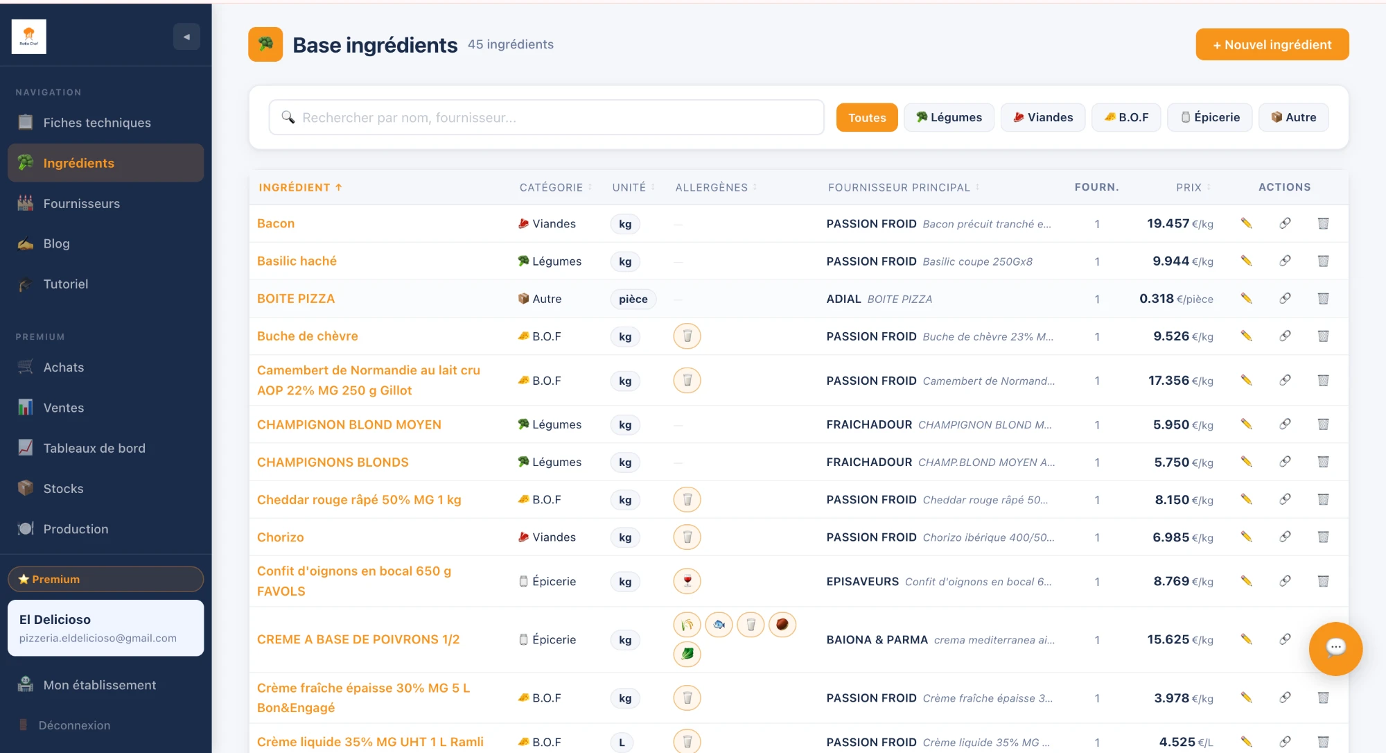 Liste de la base ingrédients avec catégories, allergènes, fournisseurs et prix unitaires