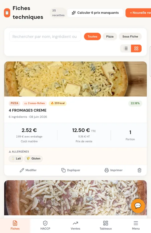 Fiches techniques : coût matière, prix de vente et allergènes