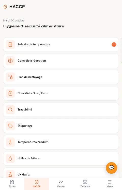 Module HACCP : températures, réceptions, nettoyage, traçabilité, étiquetage