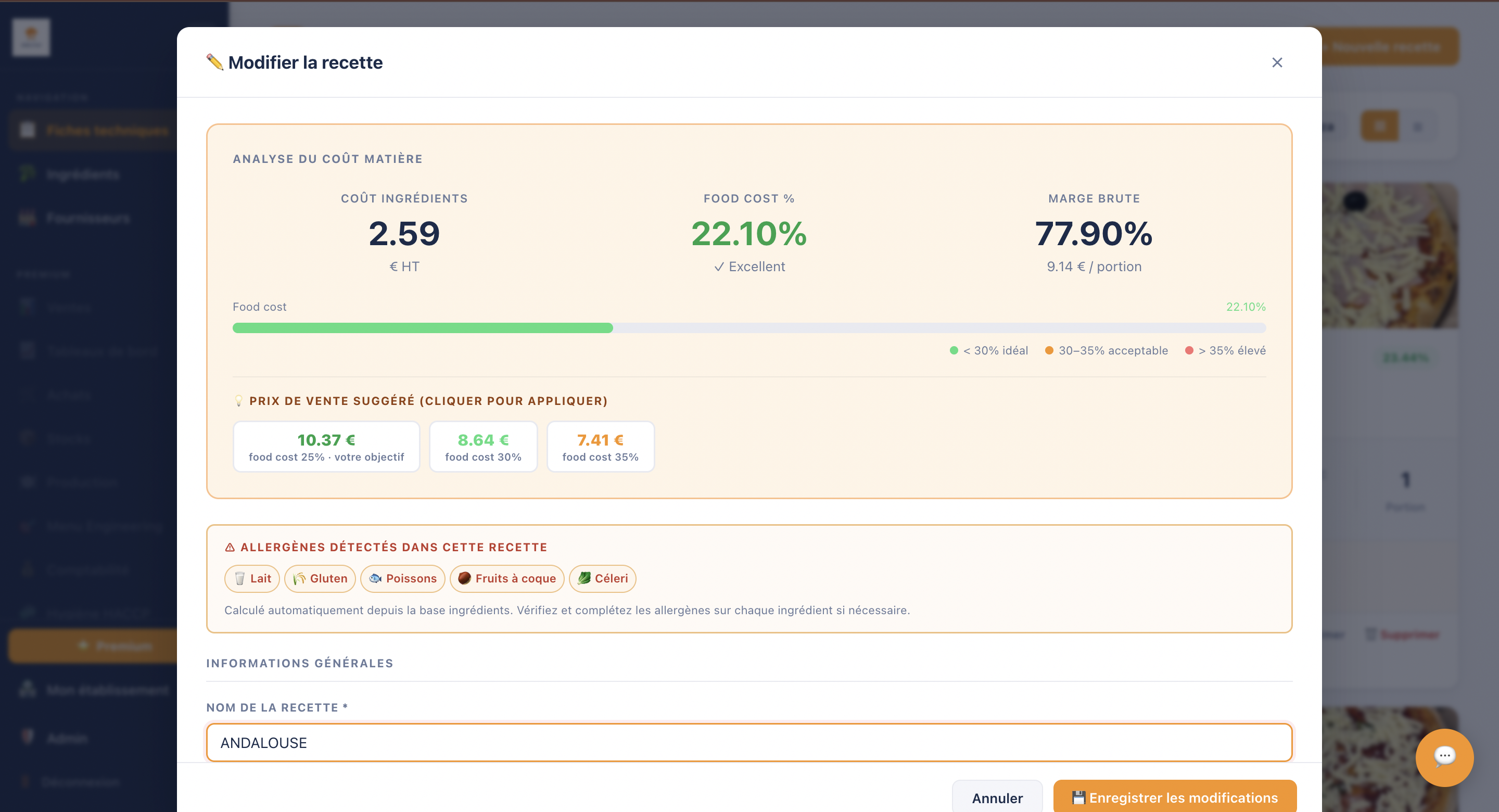 Analyse food cost RatioChef
