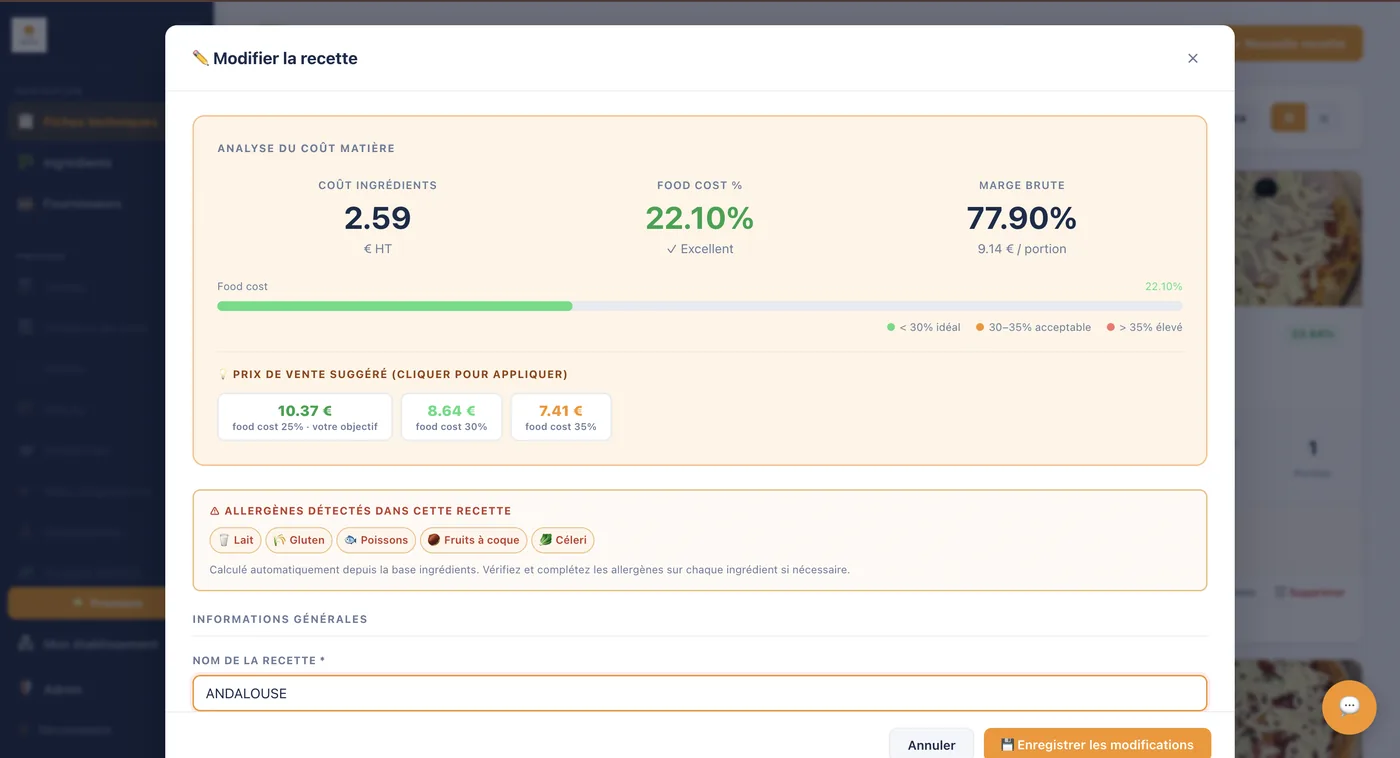 Analyse food cost RatioChef